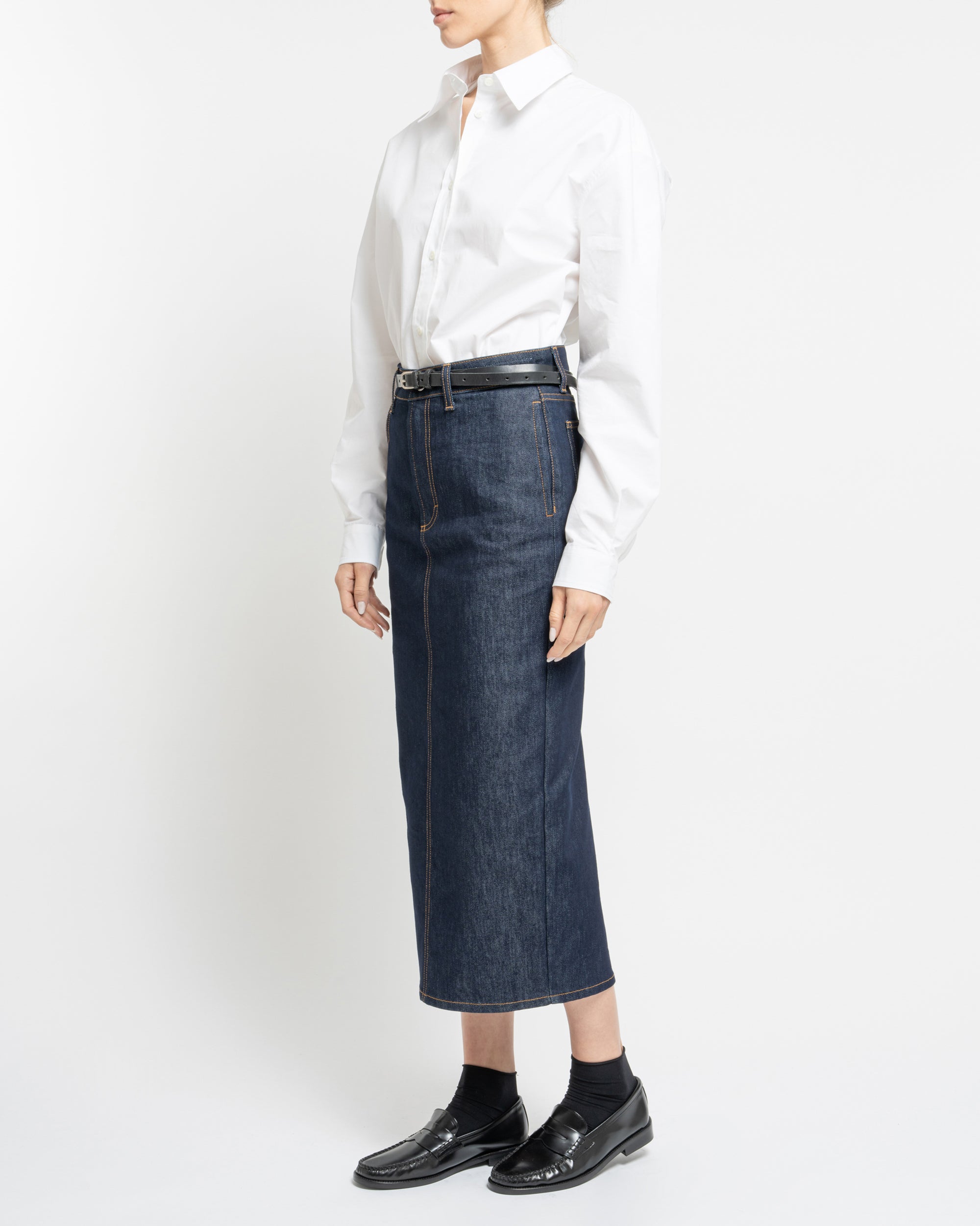 Braid denim midi skirt