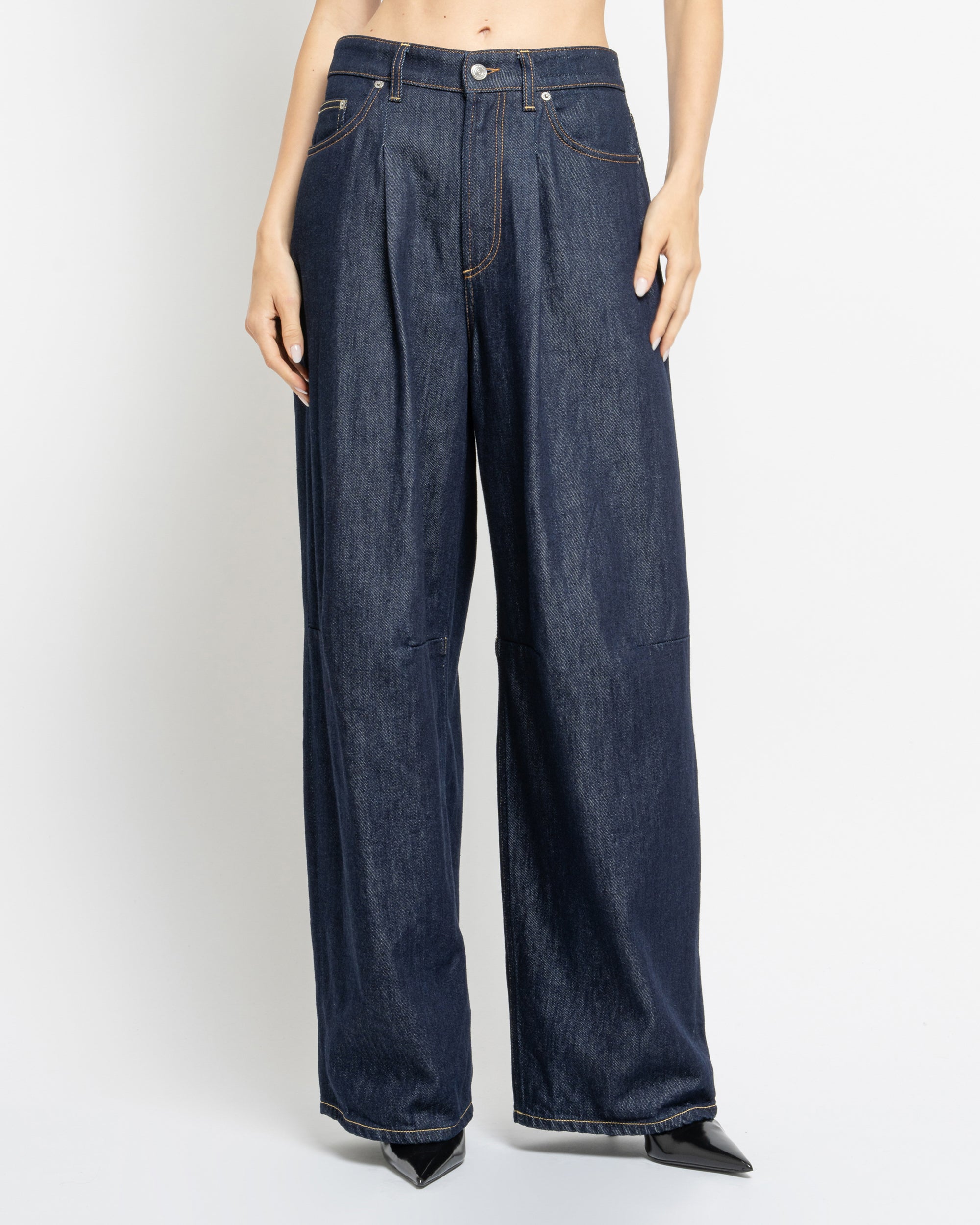 Mustard wide leg jeans in denim