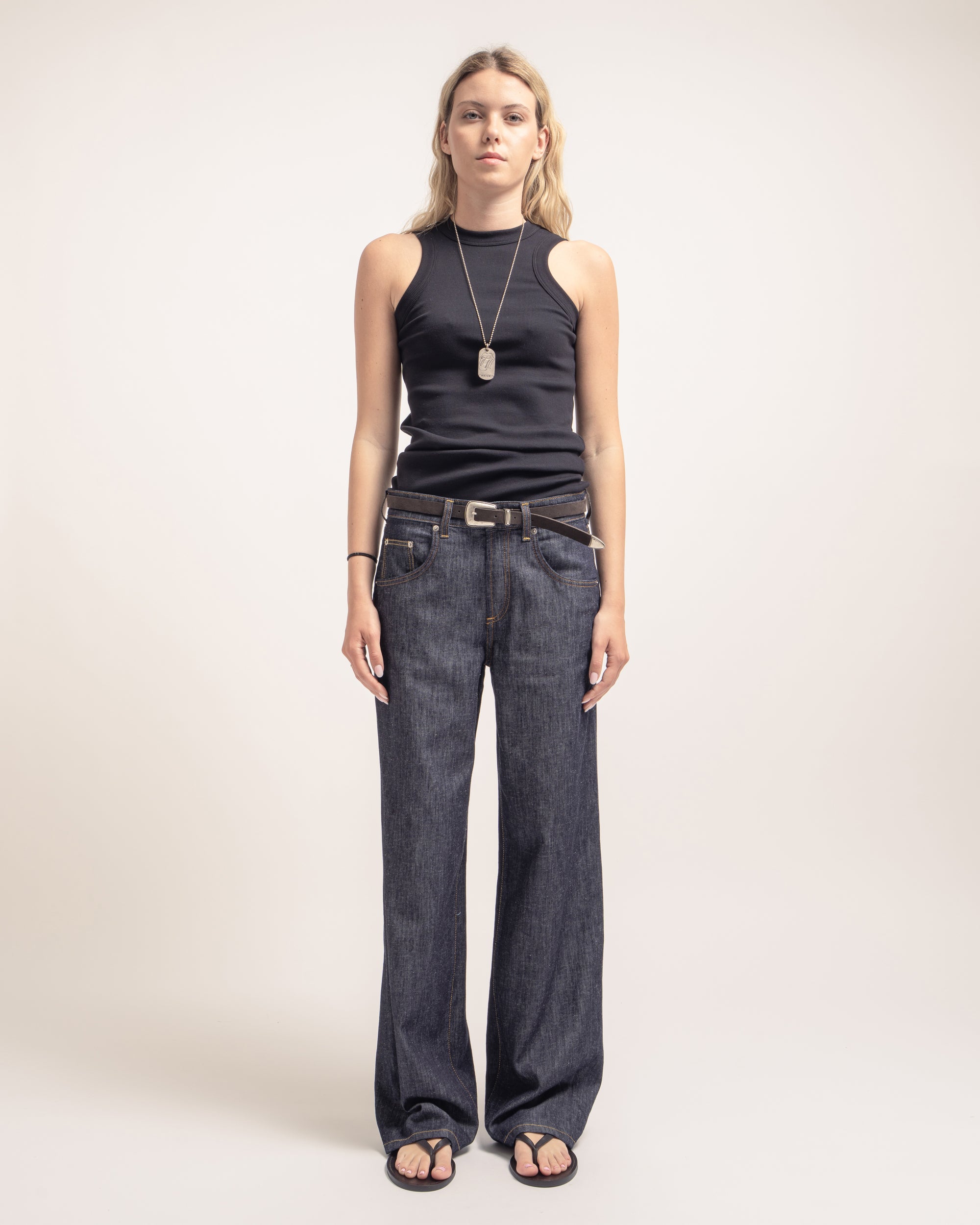 Pop jeans gamba ampia in denim fermo