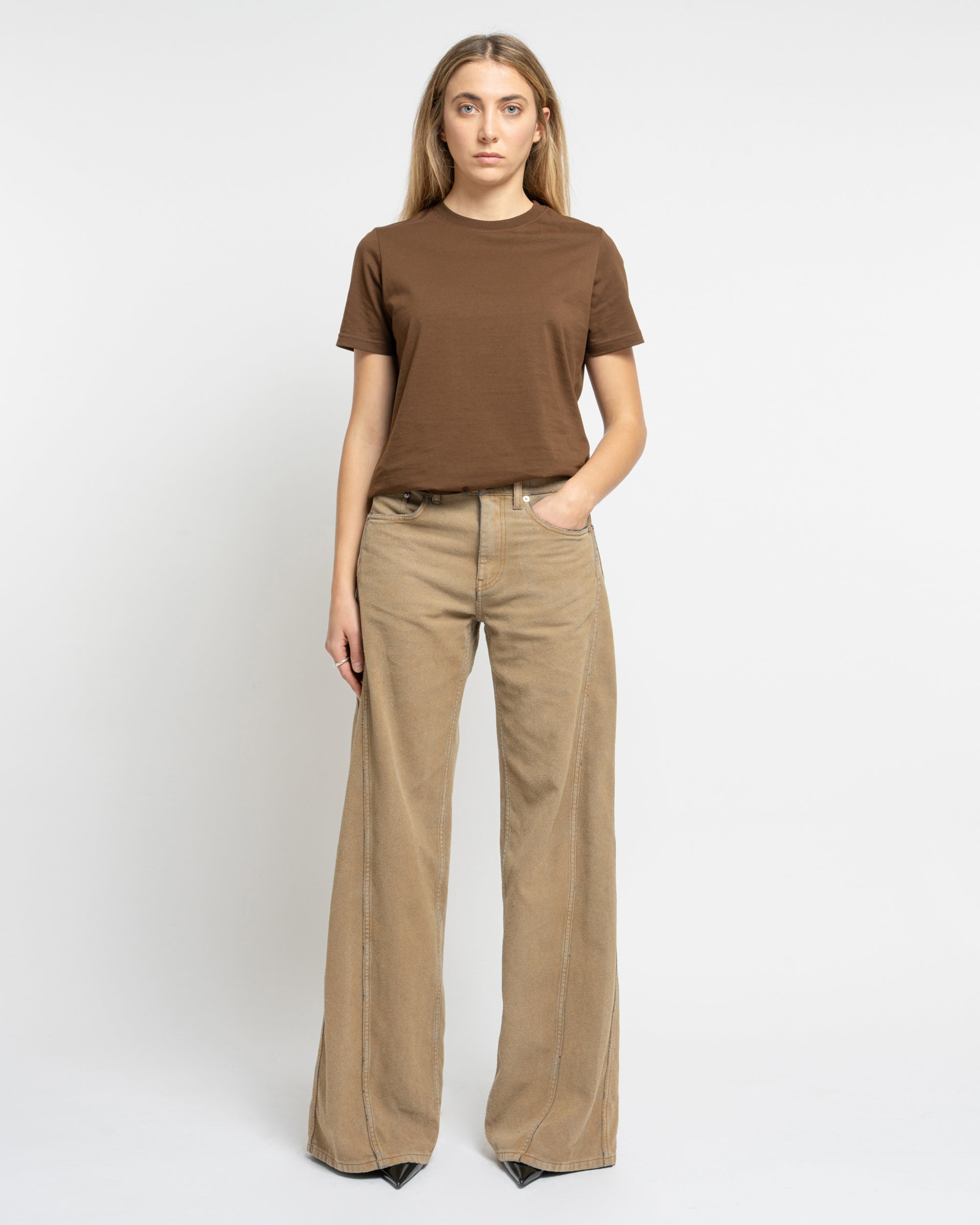 Resort wide leg trousers in flocked denim
