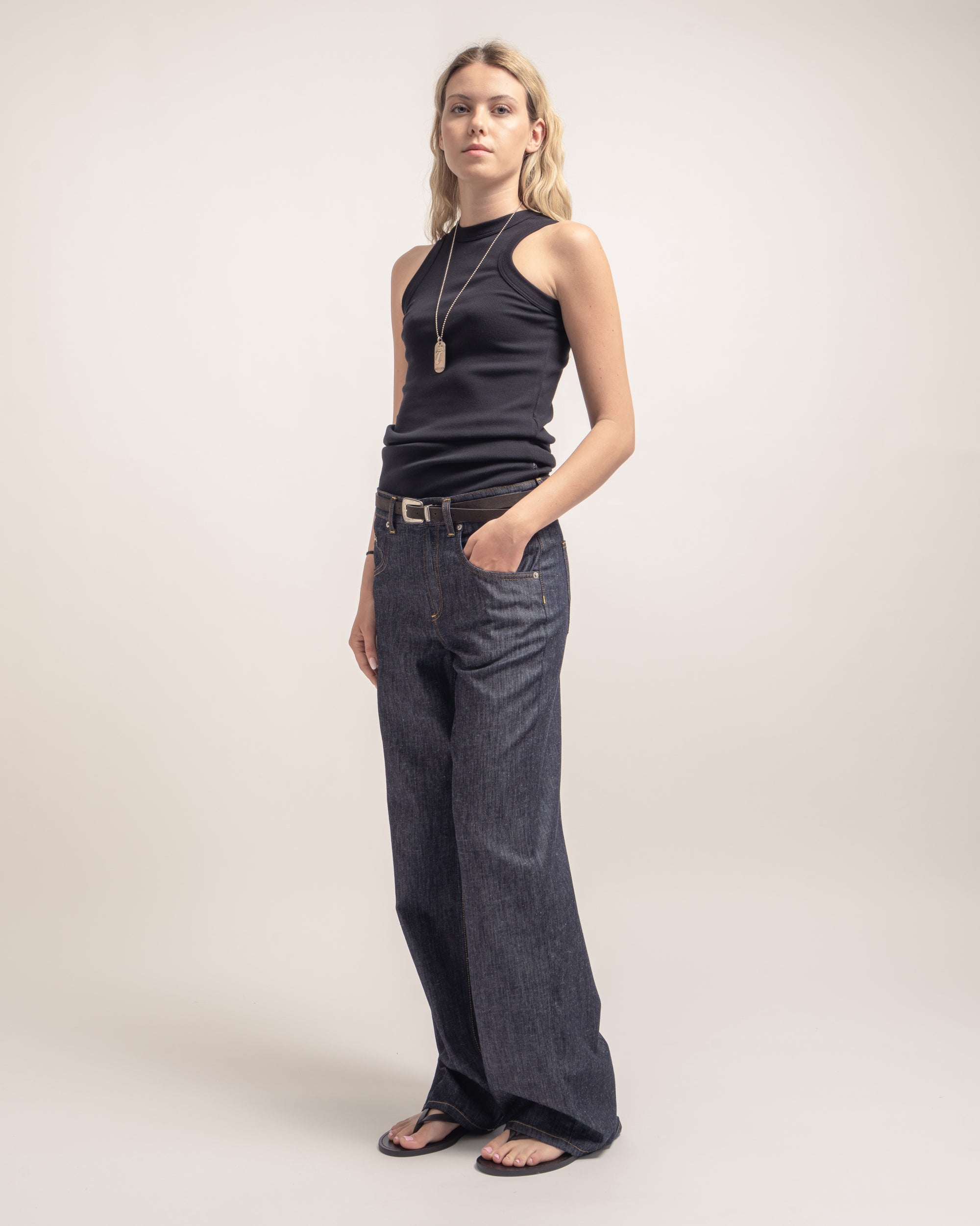 Pop jeans gamba ampia in denim fermo